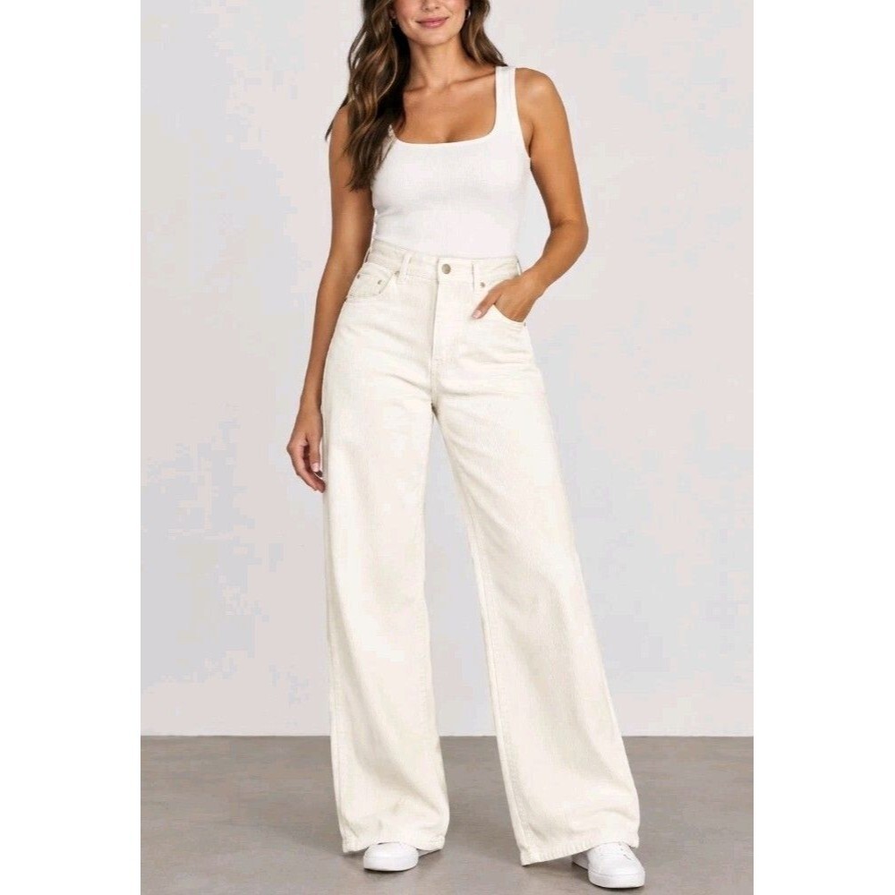 7 of All Mankind Ell Corduroy Pants Soft Cream Women 30x34 High Rise WideLeg NWT
